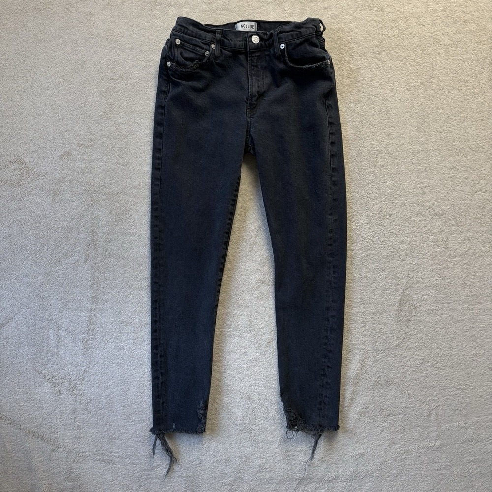 AGOLDE Skinny Jeans Women 28 Black Excellent Distressed Raw Hem High Rise Sophie